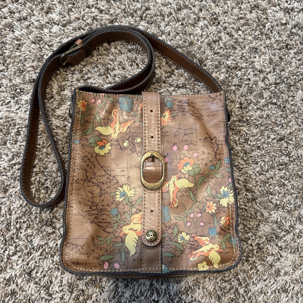 Patricia Nash Venezia Pouch Leather Crossbody Floral Bird Map Print Brown